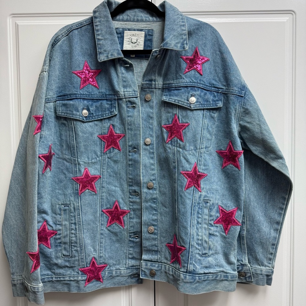 Fantastic Fawn Denim Jacket with Pink Star Accents